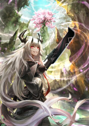  1girl absurdres arknights breasts cherry_blossoms cloud floating_hair glaive_(polearm) grin hand_on_own_hip highres holding holding_polearm holding_weapon horns id_card infection_monitor_(arknights) kuro_dora long_hair long_sleeves looking_at_viewer looking_back matoimaru_(arknights) mountain multiple_horns outdoors pointy_breasts pointy_ears polearm pouch red_eyes smile solo torii very_long_hair weapon white_hair 