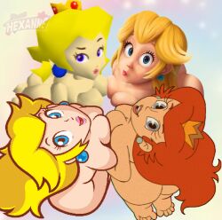  4girls ass blonde_hair blue_eyes breast_press brown_hair completely_nude crown earrings eyelashes hexanne highres jewelry looking_at_viewer looking_up low_poly mario_(series) mini_crown multiple_girls multiple_persona multiple_style_parody nintendo nipple-to-nipple nude open_mouth parody pink_lips princess_peach raised_eyebrow style_parody super_mario_64 symmetrical_docking the_super_mario_bros._movie the_super_mario_bros._super_show!  rating:Explicit score:46 user:danbooru
