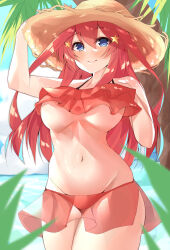  1girl absurdres bikini blue_eyes breasts closed_mouth commentary_request go-toubun_no_hanayome hair_between_eyes hair_ornament halterneck hand_on_headwear hand_on_own_chest hat highres long_hair looking_at_viewer micosiva nakano_itsuki navel ocean outdoors red_bikini red_hair smile solo star_(symbol) star_hair_ornament straw_hat sun_hat swimsuit underboob 