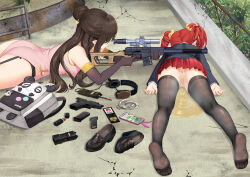  2girls black_jacket black_thighhighs brown_hair cellphone china_dress chinese_clothes commentary_request dress garter_belt gun hair_bun hair_ribbon highres id_card jacket long_hair lying miniskirt multiple_girls mvv no_shoes on_stomach original paid_reward_available panties pee peeing peeing_self phone pink_dress pleated_skirt pointy_ears puddle red_hair red_skirt ribbon rifle shoes short_hair side_slit skirt smartphone smartphone_case sniper_rifle soles thighhighs twintails underwear unworn_shoes vivian_(mvv) vss_vintorez weapon white_panties yellow_ribbon 