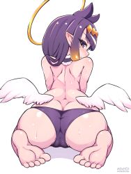  :t animal_ears artist_name ass ass_focus back bare_legs barefoot bebatch blush choker cleft_of_venus closed_mouth ear_blush eyebrows eyelashes feathered_wings foot_focus from_behind full_body halo hololive hololive_english leaning_forward long_hair looking_at_viewer looking_back low_wings matching_hair/eyes mole mole_under_eye multicolored_hair ninomae_ina&#039;nis nose orange_hair panties petite pointy_ears profile purple_choker purple_eyes purple_hair purple_panties simple_background sitting sweat tentacle_hair toes topless two-tone_hair underwear virtual_youtuber wariza white_background white_wings wings yellow_halo 