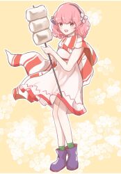  1girl airisuotog blue_hairband boots fire_emblem fire_emblem_echoes:_shadows_of_valentia fire_emblem_heroes fluffy_hair food genny_(fire_emblem) genny_(picnic)_(fire_emblem) hairband highres looking_at_viewer marshmallow nintendo official_alternate_costume open_mouth pink_eyes pink_hair purple_footwear roasted_marshmallow solo 