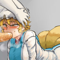 arched_back blush breasts chanta_(ayatakaoisii) fellatio food fox_tail gloves grey_background hand_on_another&#039;s_head large_breasts multiple_tails oral sexually_suggestive simple_background simulated_fellatio solo_focus sushi sweat tail touhou yakumo_ran yakumo_yukari yellow_eyes rating:Questionable score:32 user:danbooru