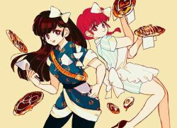 2girls apron bow braid food hair_bow kuonji_ukyou long_hair looking_at_viewer multiple_girls pancake ranma-chan ranma_1/2 red_eyes red_hair smile