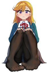  1girl absurdres black_pantyhose blue_jacket blush closed_mouth collared_shirt commentary_request dress ereka feet foot_focus frown grey_dress hands_on_own_knees highres jacket knees_up long_sleeves looking_at_viewer love_live! love_live!_superstar!! medium_hair neck_ribbon open_clothes open_jacket orange_hair pantyhose pinafore_dress purple_eyes raised_eyebrow red_ribbon ribbon school_uniform shibuya_kanon shirt sitting sleeveless sleeveless_dress solo white_background white_shirt winter_uniform yuigaoka_school_uniform 
