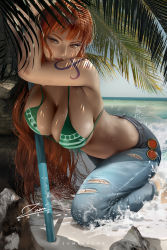  1girl artist_name beach bikini bikini_top_only breasts brown_eyes cleavage commentary dated day denim english_commentary green_bikini jeans kneeling large_breasts lips long_hair nami_(one_piece) ocean one_piece orange_hair outdoors pants solo swimsuit torn_clothes torn_jeans torn_pants zumi_(zumidraws)  rating:Sensitive score:144 user:danbooru