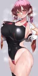 1girl absurdres black_one-piece_swimsuit blush breasts cleavage competition_swimsuit covered_navel gloves heterochromia highleg highleg_swimsuit highres hololive houshou_marine kshimu large_breasts long_hair looking_at_viewer multicolored_clothes multicolored_swimsuit one-piece_swimsuit parted_lips red_eyes red_hair red_one-piece_swimsuit shiny_swimsuit solo sweat swimsuit twintails undressing virtual_youtuber white_gloves yellow_eyes rating:Sensitive score:77 user:danbooru
