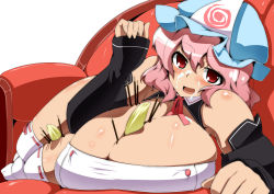  1girl banana breasts cleavage female_focus food fruit hat huge_breasts maid pink_hair red_eyes saigyouji_yuyuko short_hair solo toudori touhou white_background  rating:Questionable score:31 user:|XXX|