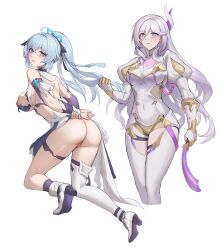  1girl 2girls absurdres ahoge ass ass_focus attack_of_the_hatogod blue_dress blue_eyes blue_hair blue_nails bodysuit breasts censored closed_mouth dress full_body hare_(honkai_impact) high_heels highres holding holding_whip honkai_(series) honkai_impact_3rd horns juliet_sleeves large_breasts long_hair long_sleeves looking_at_viewer looking_back mosaic_censoring multiple_girls multiple_views nail_polish nipples puffy_sleeves purple_eyes purple_sleeves pussy shigure_kira single_horn single_thighhigh spanking thighhighs torn_clothes torn_dress transparent_background very_long_hair white_bodysuit white_footwear white_hair white_thighhighs 