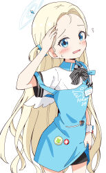  1girl absurdres aikawa_ryou angel&#039;s_24_uniform_(blue_archive) angel_wings apron black_bow black_bowtie black_skirt blonde_hair blue_apron blue_archive blue_eyes blue_halo blue_ribbon blush bow bowtie collared_shirt cowboy_shot hair_ribbon halo highres long_hair looking_at_viewer open_mouth polo_shirt ribbon shirt short_sleeves simple_background skirt solo sora_(blue_archive) two_side_up white_background white_shirt white_wings wings 