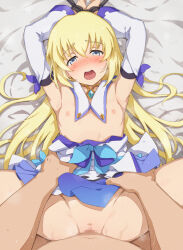  1boy 1girl armpits blonde_hair blue_trim blush bound breasts censored colette_brunel collar commentary_request detached_collar detached_sleeves grey_eyes hair_between_eyes hair_spread_out hetero kiikii_(kitsukedokoro) missionary mosaic_censoring nipples on_bed open_mouth restrained sex small_breasts tales_of_(series) tales_of_symphonia teeth upper_teeth_only vaginal white_collar white_sleeves  rating:Explicit score:56 user:danbooru