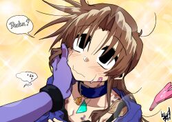  1girl 1other absurdres bandaid bandaid_on_cheek bandaid_on_face black_bracelet black_eyes blue_collar blue_shirt blush breasts brown_hair bruise bruise_on_shoulder cleavage closed_mouth collar collarbone colored_skin ed-chan_(edkuroki) edkuroki gauze_on_cheek gauze_on_shoulder hair_intakes hand_on_another&#039;s_cheek hand_on_another&#039;s_face hickey highres injury long_hair looking_at_another messy_hair original pink_tail pov pov_hands purple_skin shirt signature solo_focus speech_bubble spoken_sweatdrop sweat sweatdrop wavy_mouth yellow_background 