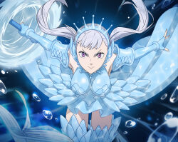  1girl absurdres armor black_clover boots breasts female_focus gauntlets gloves grey_hair highres holding holding_weapon lance large_breasts looking_at_viewer miniskirt noelle_silva official_art polearm purple_eyes shoulder_armor skirt smile spear thigh_boots thighhighs thighs tiara twintails valkyrie water weapon  rating:General score:1 user:Hashirama089