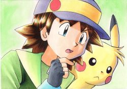  1boy baseball_cap blue_eyes brown_hair commentary_request creatures_(company) fingerless_gloves game_freak gen_1_pokemon gloves green_background green_jacket grey_gloves hand_on_own_chin hand_up hat highres jacket looking_down male_focus nintendo oka_mochi open_mouth pikachu pokemon pokemon_(anime) pokemon_(classic_anime) pokemon_(creature) ritchie_(pokemon) sparky_(pokemon) spiked_hair tongue traditional_media 