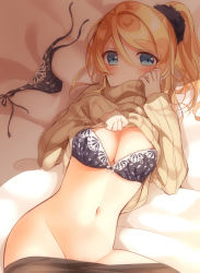  10s 1girl ayase_eli blonde_hair blue_eyes blush bra breasts cleavage clothes_lift clothes_pull clothes_removed_through_clothes covering_own_mouth female_pubic_hair hair_ornament hair_scrunchie long_hair looking_at_viewer love_live! love_live!_school_idol_project lying medium_breasts mogu_(au1127) navel on_back on_bed panties pantyhose pantyhose_pull ponytail pubic_hair ribbed_sweater scrunchie solo sweater sweater_lift underwear unworn_panties 