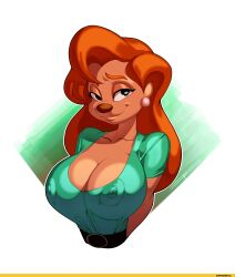 1girl 2018 a_goofy_movie areola_slip arms_behind_back bad_tag bare_midriff belt bent_wrist black_eyes breasts brown_hair cleavage covered_erect_nipples curvy disney ear_piercing earrings female female_focus glistening_eyelids goof_troop green_shirt hair_ornament half-closed_eyes jewelry large_breasts long_hair looking_at_viewer nipples orange_hair piercing roxanne_(a_goofy_movie) roxanne_(goof_troop) shirt simple_background smile solo white-devil white_background