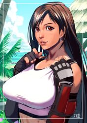  1girl 5tatsu adjusting_clothes bare_shoulders black_bra black_gloves bra breasts brown_hair crop_top dangle_earrings earrings elbow_gloves final_fantasy final_fantasy_vii final_fantasy_vii_rebirth final_fantasy_vii_remake fingerless_gloves gloves highres hut jewelry large_breasts looking_at_viewer midriff outdoors pale_skin palm_tree parted_lips red_eyes shirt signature sleeveless sleeveless_shirt solo sports_bra suspenders swept_bangs tan tanline tifa_lockhart tree underwear upper_body vambraces white_shirt 