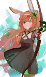  1girl absurdres animal_ears arrow_(projectile) artistic_error black_dress blush bow_(weapon) breasts brown_hair cleavage closed_mouth commentary cowboy_shot drawing_bow dress english_commentary green_eyes green_ribbon green_skirt hair_intakes hair_ribbon highres holding holding_bow_(weapon) holding_weapon korotea long_hair looking_at_viewer medium_bangs medium_breasts rabbit_and_steel rabbit_ears rabbit_girl ribbon skirt sleeveless sleeveless_dress sniper_rabbit solo very_long_hair weapon 