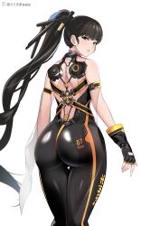  1girl absurdres ass black_bodysuit black_hair blunt_bangs bodysuit brown_eyes commentary english_commentary eve_(stellar_blade) from_behind hair_ornament highres long_hair looking_at_viewer looking_back namu_(112namu) official_alternate_color planet_diving_suit_(7th)_(stellar_blade) ponytail skin_tight solo stellar_blade twitter_username very_long_hair white_background 