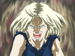  1990s_(style) 1girl angry artist_request blonde_hair elaine_(genocyber) fangs genocyber green_eyes highres looking_at_viewer open_mouth retro_artstyle shirt slit_pupils torn_clothes torn_shirt 