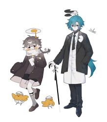  2boys ahoge aqua_hair bird black_coat black_footwear black_necktie black_pants black_shorts braid brown_coat bug cane chick coat collared_shirt covered_mouth dragonfly earrings floating floating_hair food fork_hair_ornament grey_eyes grey_hair grey_socks grey_sweater hair_between_eyes hand_in_pocket highres holding holding_cane holding_paper id_card insect jewelry kneehighs light_smile lily_pad loafers long_hair looking_at_viewer low_ponytail multicolored_hair multiple_boys necktie omelet open_clothes open_coat original oversized_clothes oxfords pale_skin pants paper scarf shirt shoes short_necktie shorts simple_background single_braid single_earring sleeves_past_wrists socks standing streaked_hair sweater tassel tassel_earrings tianzhao_daiyushen tie_clip turtleneck two-tone_hair very_long_hair walking white_background white_coat white_hair white_necktie white_scarf white_shirt yellow_nails yellow_shirt 