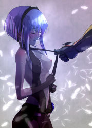 1girl absurdres assisted_exposure backless_outfit bare_shoulders black_gloves blush breasts center_opening closed_eyes clothes_pull dark-skinned_female dark_skin fate/prototype fate/prototype:_fragments_of_blue_and_silver fate_(series) feathers fingerless_gloves gloves hairband hassan_of_serenity_(fate) highres hinomoto_madoka leotard male_hand navel nipples no_bra purple_hair revealing_clothes short_hair short_hair_with_long_locks sideboob sidelocks skinny small_breasts solo_focus strap_pull sweat rating:Questionable score:81 user:danbooru