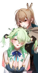  2girls absurdres ahoge breasts brown_cloak brown_eyes brown_hair ceres_fauna ceres_fauna_(1st_costume) cleavage cloak earrings feather_hair_ornament feathers flower gloves green_hair hair_flower hair_ornament hair_tie_in_mouth highres hololive hololive_english jewelry large_breasts long_hair mole mole_under_eye mouth_hold multiple_girls nanashi_mumei nanashi_mumei_(1st_costume) partially_fingerless_gloves ponytail sashal tying_another&#039;s_hair virtual_youtuber white_background yellow_eyes 