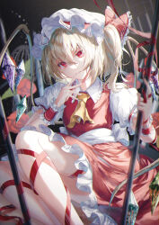  1girl absurdres ascot back_bow belt black_background blonde_hair blurry blurry_background bow breasts closed_mouth collared_shirt commentary_request crystal dress feet_out_of_frame flandre_scarlet flower frills gradient_background grey_background grey_bow grey_shirt hair_between_eyes hands_up hat hat_ribbon highres jewelry leaf leg_ribbon looking_at_viewer medium_breasts mob_cap multicolored_wings one_side_up puffy_short_sleeves puffy_sleeves red_dress red_eyes red_flower red_ribbon red_rose ribbon rose shirt short_hair short_sleeves sitting smile solo sparkle tape teeth toku_kekakewanko touhou white_belt white_headwear wings wrist_cuffs yellow_ascot 