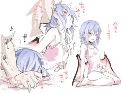 1boy 1girl asutora bare_legs barefoot biting blue_hair blush camisole commentary_request demon_wings ear_biting heart hetero holding_hands implied_sex interlocked_fingers loli petite pink_camisole pointy_ears red_eyes remilia_scarlet short_hair simple_background touhou translation_request white_background wings rating:Explicit score:53 user:danbooru