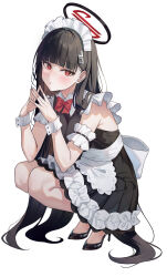  1girl absurdres alternate_costume apron armband bare_shoulders black_dress black_footwear black_hair black_halo blue_archive blush bow bowtie closed_mouth commentary_request dress frilled_apron frilled_armband frills full_body halo high_heels highres kind1516 long_hair looking_at_viewer maid_apron maid_headdress red_bow red_bowtie red_eyes rio_(blue_archive) simple_background sleeveless sleeveless_dress solo squatting steepled_fingers very_long_hair white_apron white_background white_headdress white_wrist_cuffs wrist_cuffs 