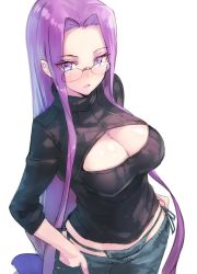  1girl blush breasts cleavage cleavage_cutout clothing_cutout cowboy_shot denim fate/stay_night fate_(series) glasses hands_in_pockets jeans jpeg_artifacts long_hair lowleg lowleg_pants medusa_(fate) medusa_(rider)_(fate) meme_attire open-chest_sweater panties pants purple_eyes purple_hair shirabi_(life-is-free) side-tie_panties simple_background solo sweater turtleneck underwear very_long_hair white_background 