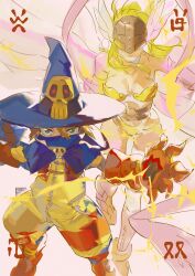 1boy 1girl absurdres angel_wings angewomon armor bare_shoulders blonde_hair blue_capelet bodysuit breastplate breasts brown_gloves capelet cleavage clothing_cutout covered_eyes digimon digimon_(creature) electricity feathered_wings full_body gloves green_eyes hair_between_eyes hat hat_ornament head_wings helmet helmet_over_eyes highres holding holding_staff large_breasts long_sleeves o-ring pink_ribbon ribbon short_hair sketch skull_hat_ornament staff stomach_cutout white_wings wings wizard wizard_hat wizarmon wttao_(wttao0213) yellow_bodysuit