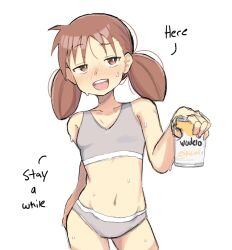 1girl :d azumanga_daiou beer_can blush bra breasts brown_eyes brown_hair can drink_can highres mihama_chiyo modelo_(beer) navel open_mouth panties simple_background small_breasts smile sports_bra sweat teeth twintails underwear upper_teeth_only white_background zlix0n 