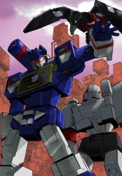  absurdres back-to-back cloud decepticon head_tilt highres laserbeak looking_at_viewer looking_down mecha megatron no_humans non-humanoid_robot open_hand purple_sky robot robot_animal science_fiction shoulder_cannon sky soundwave_(transformers) transformers tsushima_naoto  rating:General score:3 user:danbooru
