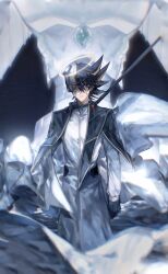  absurdres alternate_costume bad_id bad_lofter_id black_gloves black_hair blue_eyes blue_gemstone character_request check_character coat dragon duel_monster facial_mark facial_tattoo fudo_yusei gem gloves halo highres long_coat long_sleeves looking_at_viewer multicolored_hair naoki_(2rzmcaizerails6) night ocean one_eye_covered outdoors serious short_hair spiked_hair standing stardust_dragon streaked_hair tattoo white_coat yu-gi-oh! yu-gi-oh!_5d&#039;s 