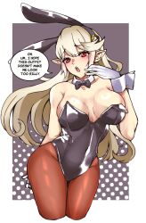  1340smile 1girl absurdres alternate_costume animal_ears black_bow black_bowtie black_leotard blush bow bowtie breasts brown_pantyhose cleavage commentary corrin_(female)_(fire_emblem) corrin_(fire_emblem) covered_navel detached_collar english_commentary fake_animal_ears fire_emblem fire_emblem_fates gloves highres leotard long_hair nintendo pantyhose playboy_bunny pointy_ears rabbit_ears red_eyes solo strapless strapless_leotard thighs white_gloves white_hair wrist_cuffs 