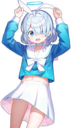 1girl arms_up arona_(blue_archive) blue_archive blue_eyes blue_hair blue_shirt bow braid choker colored_inner_hair hair_bow hair_over_one_eye hair_ribbon hairband halo highres long_sleeves multicolored_hair navel pink_hair pleated_skirt ribbon sailor sailor_collar school_uniform shirt simple_background skirt smile solo takechii two-tone_hair umbrella white_background white_bow white_choker white_neckwear white_ribbon white_sailor_collar white_skirt rating:Sensitive score:26 user:danbooru