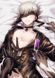 1boy aki663 black_gloves black_jacket blindfold choker covered_eyes female_pov gloves hand_on_another&#039;s_chest jacket lying male_focus nier:automata nier_(series) on_back on_bed parted_lips pinned pov pov_hands short_hair signature silver_hair solo_focus sweat syringe upper_body 2b_(nier:automata) 9s_(nier:automata) rating:Questionable score:38 user:Blackykun