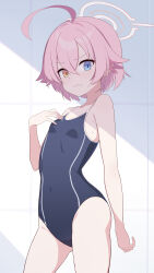  1girl absurdres abydos_high_school_swimsuit ahoge bare_arms bare_legs bare_shoulders black_one-piece_swimsuit blue_archive blue_eyes breasts closed_mouth cowboy_shot hair_between_eyes halo heterochromia highres hoshino_(blue_archive) hoshino_(young)_(blue_archive) looking_at_viewer one-piece_swimsuit pink_hair pink_halo school_swimsuit short_hair small_breasts solo sonoda_345 swimsuit yellow_eyes  rating:Sensitive score:10 user:danbooru