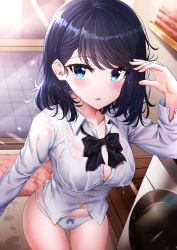 1girl absurdres adjusting_hair black_bow black_bowtie black_hair blue_bow blue_eyes blush bow bow_panties bowtie bra breasts cleavage collarbone collared_shirt cowboy_shot dress_shirt hand_up highres indoors large_breasts long_hair long_sleeves looking_at_viewer medium_hair navel no_pants open_mouth original panties parted_lips partially_unbuttoned school_uniform see-through shirt solo standing sunhyun thighs underwear uniform washing_machine wet wet_clothes wet_hair wet_shirt white_bra white_panties white_shirt wooden_floor rating:Sensitive score:88 user:danbooru