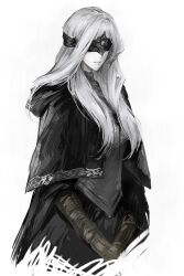  1girl ashi_(dongshi389) bandaged_arm bandages black_cape black_capelet cape capelet closed_mouth commentary_request covered_eyes dark_souls_(series) dark_souls_iii dress eye_mask fire_keeper grey_dress grey_hair grey_shirt hair_over_shoulder highres long_hair pale_skin shirt simple_background solo standing white_background 
