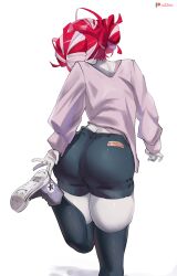  1girl ass colored_skin from_behind grey_skin highres hololive hololive_indonesia kureiji_ollie long_sleeves multicolored_hair o22no red_hair shorts skin_contrast solo standing standing_on_one_leg tagme thighhighs virtual_youtuber white_hair zombie 