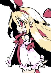  1girl absurdres anini bat_wings blonde_hair bow demon_tail detached_sleeves disgaea earrings fallen_angel flonne flonne_(fallen_angel) heart heart_earrings highres jewelry leotard long_hair pointy_ears red_eyes red_leotard red_wings ribbon smile tail white_background wings 