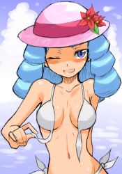 10s 1girl bad_id bad_pixiv_id bikini blue_eyes blue_hair breasts choutako collarbone day flower front-tie_bikini_top front-tie_top happinesscharge_precure! hat hosshiwa matching_hair/eyes medium_breasts one_eye_closed pink_hat precure short_hair solo swimsuit undressing white_bikini wink