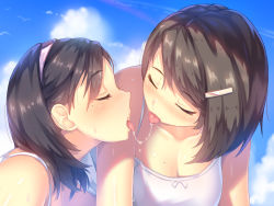  2girls a.x. absurdres after_kiss bare_shoulders black_hair blue_sky blush breasts brown_hair camisole cleavage closed_eyes cloud cloudy_sky collarbone day hair_ornament hairband hairclip highres medium_breasts medium_hair mole mole_under_eye multiple_girls original outdoors purple_hairband saliva saliva_trail shiny_skin sky sweat swept_bangs tongue tongue_out white_camisole yuri  rating:Questionable score:152 user:danbooru