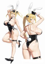  1girl animal_ears arm_up ass backless_leotard bare_shoulders black_bow black_footwear black_gloves black_leotard black_necktie blonde_hair blue_eyes blush bow breasts commentary cropped_legs detached_collar double-parted_bangs fake_animal_ears fake_tail floating_hair gloves grin hair_between_eyes hair_ornament hairpin hand_on_own_hip high_heels highleg highleg_leotard highres large_breasts leotard long_hair looking_at_viewer median_furrow mole mole_on_breast multiple_views necktie one_eye_closed open_mouth original playboy_bunny pumps rabbit_ears rabbit_tail riki_(riki_unc) shiny_clothes shoulder_blades side-tie_leotard simple_background skindentation smile strapless strapless_leotard symbol-only_commentary tail teeth thigh_strap twintails upper_teeth_only very_long_hair white_background white_wrist_cuffs wrist_cuffs 
