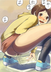  1girl ass blush brown_hair censored fingering from_behind gba_(artist) highres hood hoodie loli pussy_juice pussy_juice_trail shoes sneakers solo squat_toilet squatting tagme thighs toilet  rating:Explicit score:42 user:milf_sniffer