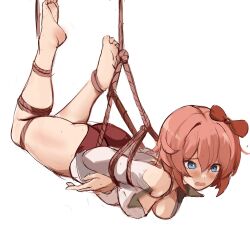 1girl arms_behind_back ass barefoot bdsm blue_eyes blush bondage bound bound_arms bow breasts doki_doki_literature_club feet gym_shorts hair_bow highres medium_breasts non-web_source open_clothes open_shirt pink_hair rakeemspoon red_bow sayori_(doki_doki_literature_club) shibari short_hair shorts solo thighs white_background 