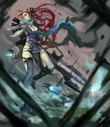 blue_eyes boots breasts cape cleavage cloudy_sky dress fishnets gun hector_enrique_sevilla_lujan knife large_breasts lipstick long_hair mole mole_on_breast pentagram radioactive red_hair solo thigh_boots thighhighs very_long_hair weapon zombie rating:Sensitive score:6 user:danbooru