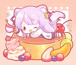  bakanuki_mika berry blue_bow bow cherry chocolate cup flower food fruit hair_ornament highres holding holding_cup ice_cream indie_virtual_youtuber leaf_hair_ornament lying nada_namie one_eye_closed orange_(fruit) pudding purple_hair smile tea virtual_youtuber wink  rating:General score:3 user:Frittutisna